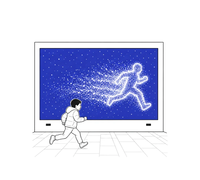 화면 앞을 달리는 아이와 화면 위로 꼬리처럼 흐르는 빛나는 점들
