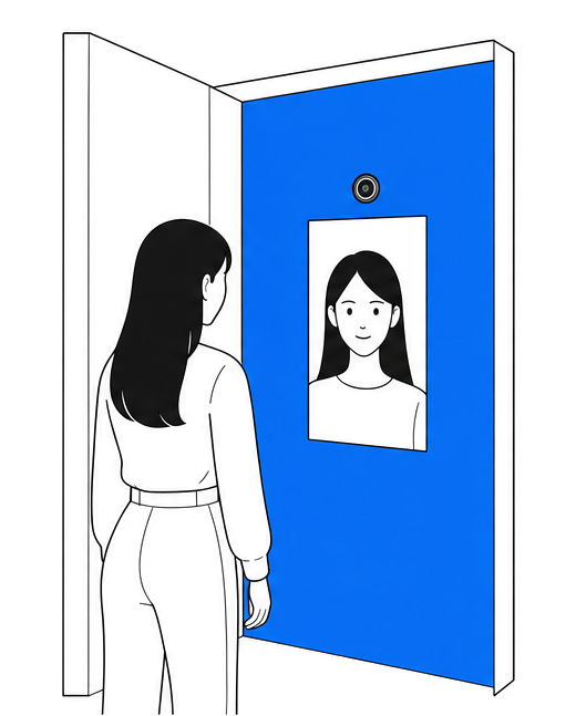 파란 촬영 부스 안에서 화면에 비친 자신의 얼굴을 보는 방문객