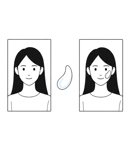 촬영한 얼굴 사진과, 뺨에 크림이 얹힌 합성 사진