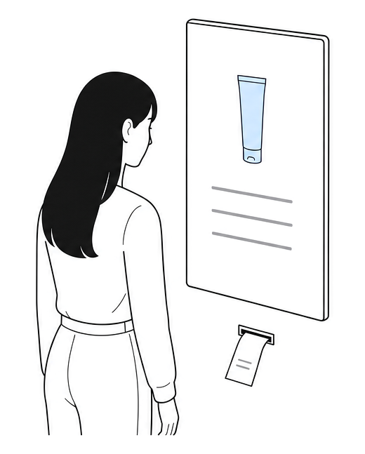 해결 방법이 표시된 화면과 그 아래 출구에서 나오는 영수증