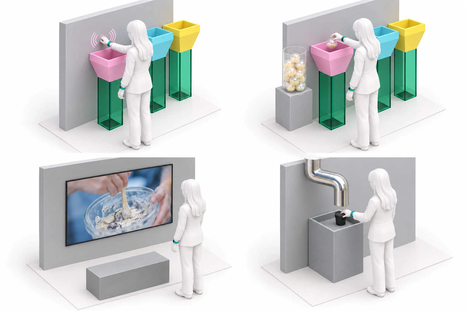 재료 투입구 위 벽의 RFID 표식에 손목 팔찌를 대는 모형