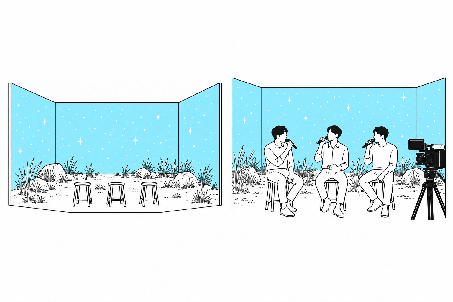 Three walls, one backdrop / A landscape accompanying the voices