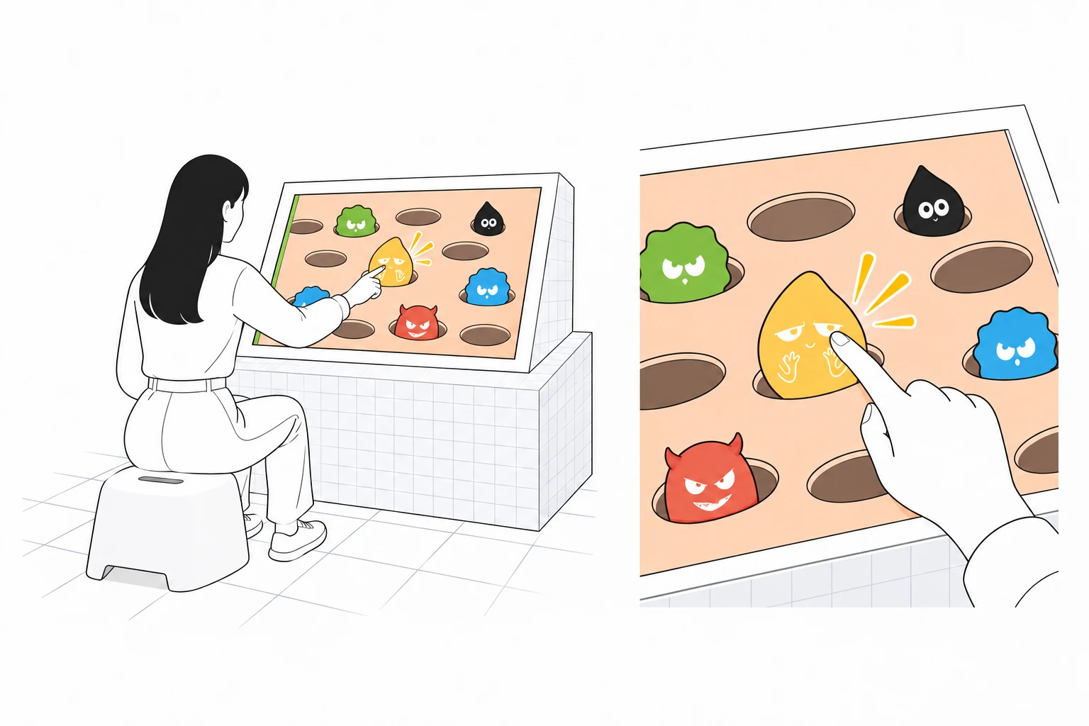A visitor sits on a bath stool, taps a character and sees the response.