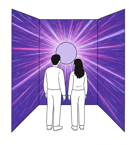 세 벽 가득 빛줄기가 퍼지는 방 앞에 선 두 사람의 그림