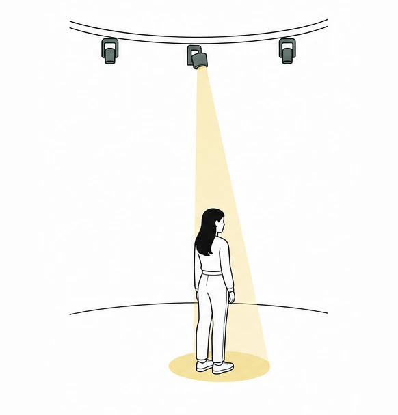 One ceiling light tilts to cast a circle at a visitor's feet