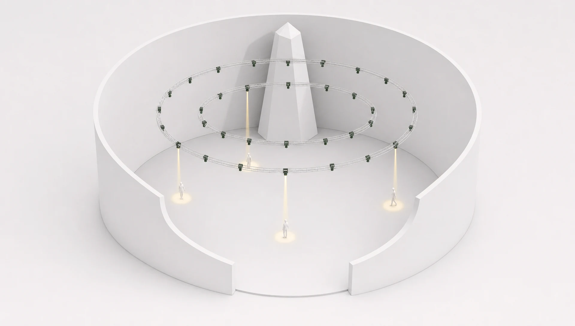 Angled overhead white model of the circular hall. Tall towers stand by the walls; moving lights hang from a circular ceiling truss. Four active lights each illuminate one of four visitors' feet.
