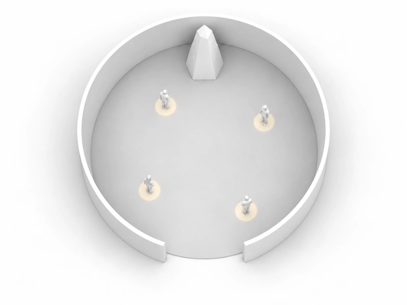 Top-view model of the circular hall, with one light beneath each of four visitors.