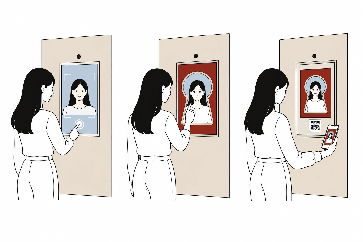 벽면 매립 화면을 터치해 자신의 사진을 촬영하는 방문자